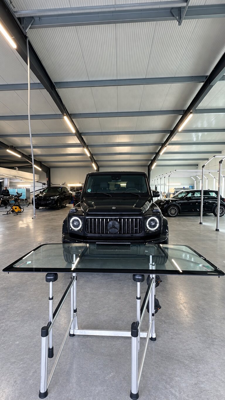 Mercedes G-Klasse in der Halle, im Vordergrund eine neue Frontscheibe auf dem Montageständer